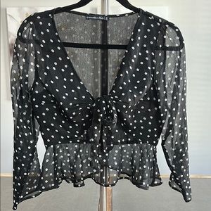 Abercrombie & Fitch Black and White Tie Front Peplum Blouse